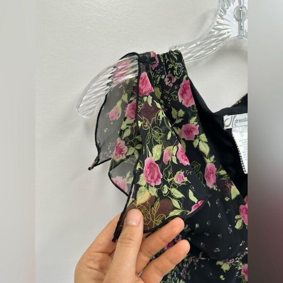 Vintage Y2K Black & Pink Ruffle Flutter Sleeve V-neck Midi Dress Size 8 - Picture 9 of 10